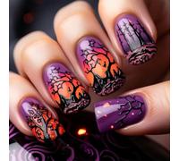 Halloween False Nails Mysterious Design M Length Square Shape Fake Nails For Party And Daily Use Purple Mystic Forest Fake Nail