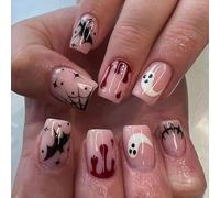 Halloween False Nails, Nude Pink Press on Nails with Bloodstain, Ghost, Bat | Halloween Square French Fake Nails Short Full Cover Stick on Nails with Nail Glue for Women Girls Halloween Party Nails Art