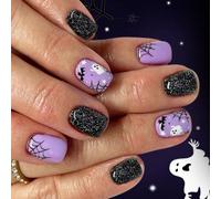 Halloween False Nails Pack of 24 Dark Spider Web Glittering Ghosts and Skeletons Easy to Use for Parties White Ghost Nail Stickers