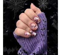Halloween False Nails, Press on Nails Short Square with Glue, Purple Fake Nail Cartoon Cute Designs Featuring Ghost, Stars and Moon, Raven, Pumpkin Patterns, 24Pcs Stick on Nails for Women DIY Nail