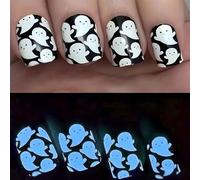 Halloween False Nails, Press on Nails Square with Glue 24Pcs, Short Fake Nail with White Ghost Design - Blue Fluorescent Glow Stick on Nails - 12 Sizes Full Cover for Halloween Party Night