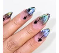 Halloween False Nails, Purple Glitter Medium Almond Press on Nails,French Tip Fake Nail with Spider, Acrylic Full Cover Stick Removable Manicure Kit for Women Girls 24Pcs