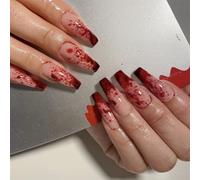 Halloween False Nails - Red Blood Coffin Press on Nails, Spooky Fake Nail Tips for Women, DIY Manicure Kit for Party Festival Holiday, 24pcs