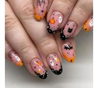 Halloween False Nails Short - 24 Pieces Halloween Press on Nails - Oval Fake Nails with Ghost Spider Web Pumpkin Design - Full Cover Glossy Stick on Nails for Women with Nail File & Nail Sticky Tabs