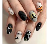 Halloween False Nails - Short Almond Press on Nails - Witch Bat Pumpkin Lantern Design in Fake Nails - 24PCS Gothic Acrylic Nails for Girls(12 size)