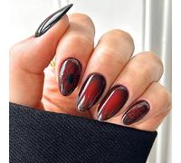 Halloween False Nails Short - Black French Tip False Nails with Glue - Square Nail Tips with Ghost - Removable Acrylic Nails Full Cover Stick on Nails for Women (Red)