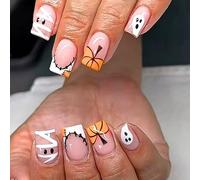 Halloween False Nails Short - Black French Tip False Nails with Glue - Square Nail Tips with Ghost - Removable Acrylic Nails Full Cover Stick on Nails for Women (Pumpkin)