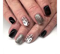 Halloween False Nails Short - Black French Tip False Nails with Glue - Square Nail Tips with Ghost - Removable Acrylic Nails Full Cover Stick on Nails for Women