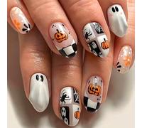 Halloween False Nails Short - Black French Tip False Nails with Glue - Square Nail Tips with Ghost - Removable Acrylic Nails Full Cover Stick on Nails for Women (White)