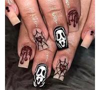 Halloween False Nails Short - Black French Tip False Nails with Glue - Square Nail Tips with Ghost - Removable Acrylic Nails Full Cover Stick on Nails for Women (Spider Web)