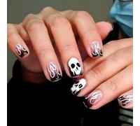 Halloween False Nails Short - Black French Tip False Nails with Glue - Square Nail Tips with Ghost - Removable Acrylic Nails Full Cover Stick on Nails for Women