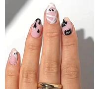 Halloween False Nails Short - Black French Tip False Nails with Glue - Square Nail Tips with Ghost - Removable Acrylic Nails Full Cover Stick on Nails for Women (Nude)