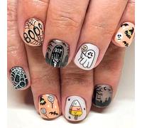 Halloween False Nails Short - Black French Tip False Nails with Glue - Square Nail Tips with Ghost - Removable Acrylic Nails Full Cover Stick on Nails for Women (Yellow)