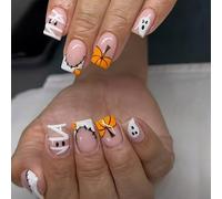 Halloween False Nails - Short Square Press on Nails - Halloween French Ghost Pumpkin Lantern Design in Fake Nails - 24PCS Gothic Acrylic Nails with Glue for Girls