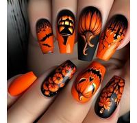 Halloween False Nails With Pumpkin Ghostly Spiders Web Design M Length Square Shape ABS Nails For Party Costume Event