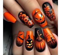 Halloween False Nails With Pumpkin Ghostly Spiders Web Design M Length Square Shape ABS Nails For Party Costume Event Halloween Press On Nail