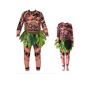 Halloween Family Mens Kid Maui Cosplay Tattoo Costume T-Shirt + Pants With Leaves Skirt Adult Cosplay Costume