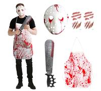 Halloween Fancy Dress Costume, Halloween Serial Killer Costume Set, Bloody Killer Scary Mask Bloody Apron Saw Tattoos Stickers for Women Men Masquerade Prop