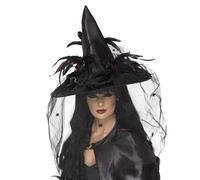 Smiffys Witch Hat, Feathers & Netting, Black Deluxe, Halloween Fancy Dress Accessory, Witch Dress Up Hats