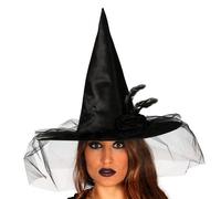 Halloween Fancy Dress Ladies Witch Hat with Flower & Veil Black Witches Hat fg