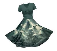 Halloween Fancy Dress Women Women's Halloween Printed V Neck Short Sleeve Casual Dresses Womens Summer Dresses (Green, S)