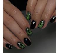 Halloween Fantasy Dark Green Snake Eye Cat Eye Short Squoval Press On Nails | Glossy black base, emerald streaks, eerie mystic, reusable acrylic for masquerade, 24pcs with jelly glue nail file for women