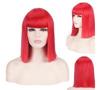 Halloween Fashion Christmas Party Dress Up Wig Bobo Head Blue Green Grey Rice White Black Red Pink Qi Bangs Anime Cos Nightclub Female Shoulder Length Wave Straight Short Wig Colour: 714-10 Big Red