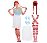 Halloween Fast Food Costume Women Include Red Wig White Half Waist Apron Long Arm Warmer Gloves Striped High Knee Socks for Deluxe Halloween Cosplay