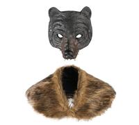 Halloween Faux Fur Shoulder Wrap Wolf Bear Mask Set Medieval Warrior Costume Cape Outfit Fancy Dress Animal Face Cover Makeup Prop Party Costume Accessory for Masquerade Carnival Cosplay LAPR Party