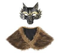 Halloween Faux Fur Shoulder Wrap Wolf Bear Mask Set Medieval Warrior Costume Cape Outfit Fancy Dress Animal Face Cover Makeup Prop Party Costume Accessory for Masquerade Carnival Cosplay LAPR Party