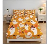 Halloween Festival Scene Microfiber Double Fitted Bed Sheet, White Cartoon Ghost Fitted Sheet Deep 30cm for Super King Bed 180×200 cm,Orange