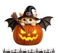 Halloween Figurine - Witch Cat & Pumpkin Sculpture with LED Light, Spooky R