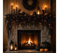 Halloween Fireplace Decor Set, Pre-lit Drippy Garland, Black Vine Garland with Lights, Spooky Season Garland, Gothic Fall Leaves Vine Decor, for Mantel, Door Frame, Window (180cm)