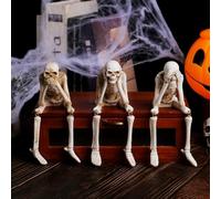 Halloween Fireplace Simulation Skull Combination,Esqueletos de Halloween,Realistic Resin Sculpture Set,See No Evil Hear No Evil Speak No Evil Skeleton Statues,Indoor Outdoor Horror Decor(1Set)