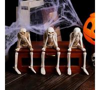 Halloween Fireplace Simulation Skull Combination, See Hear Speak Evil Collectible, Realistic Resin Sitting Skeleton Shelf Sitters Figurines for Home Courtyard Graveyard Haunted House Decor
