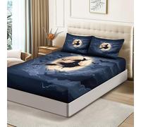 Halloween Fitted Sheet Double, Witch Broom Bats Full Moon Bed Sheet Set Kids Toddler 135 x 190 cm Bedding Set Halloween Night Party Bed Cover (2 Pillow Case and a fitted sheet)