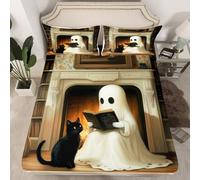 Halloween Fitted Sheet,Magic Book Cute Ghost Cat Mystic Gothic Soft Decorative Fabric Bedding Reading Books European Style Vintage Brown Pocket Twin Size with 1 Pillowcase