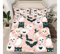 Halloween Fitted Sheet Single, Ghost Pumpkin Cat Bed Sheet Set Kids Toddler Happy Halloween Bedding Set Halloween Night Party Bed Cover (1 Pillow Case and a fitted sheet)