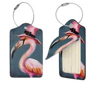 Halloween Flamingo Witch Hat Luggage Tag 2 PCS PU Leather Suitcase Tags Identifiers Travel Tags with Privacy Protection and Stainless Steel Loop Luggage Bag Tag for Women Men