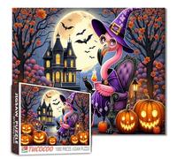 Halloween Flamingo Witch Jigsaw Puzzle 1000 Pieces for Adults Haunted House Pumpkins Bats Black Cats Full Moon Night Puzzles Funny Animals Fall Scene Fun Challenging Relaxing Holiday Puzzle Gift