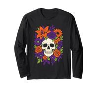 Halloween Floral Skull Roses Wildflowers Bouquet Bold Art Long Sleeve T-Shirt