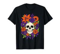 Halloween Floral Skull Roses Wildflowers Bouquet Bold Art T-Shirt