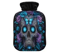 Halloween Flowers Skull Black Hot Water Bottle with Cover for Pain Relief Hot Bottle Water Bag for Period Cramps, 2L