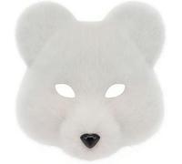 Halloween Fluffy Half Face Bear Mask,Realistic Plush Furry Bear Mask Therian Costume for Animal Role-Play Party (White)