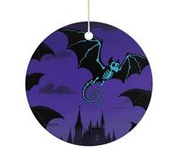 Halloween Flying Bat Double-Sided Ceramic Christmas Ornaments - Round Hanging Mini Xmas Tree Decorations, Ideas for Farmers, Rustic Home Decor for Indoor Outdoor Tree Decor