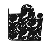 Halloween Flying Bats Oven Gloves Heat Resistant And Pot Holder 2 Pc Set For Kitchen Cooking,Print Thick Cotton Non-Slip
