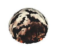 Halloween Flying Bats Printed Shower Cap Reusable Bath Cap Women Waterproof Double Layer Bath Hair Caps, Keeps Hair Dry, Fits All Head