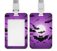 Halloween Flying Purple Bats Badge Holder with Lanyard - Waterproof Hard Plastic ID Card Holder Professional Name Tag Vertical ID Card Name Badge for Office Nurse Doctor Teacher