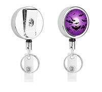 Halloween Flying Purple Bats ID Badge Holder - Retractable Nurse Badge Reel Heavy-Duty Metal Keychain Clip with 26.8" Nylon Rope Funny Name Tags for Teacher Nurse Doctor Worker