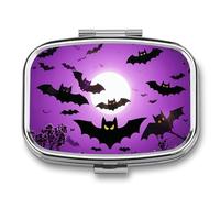 Halloween Flying Purple Bats pilldispenser with Mirror 2 Compartments Waterproof PillCase for Purse Pocket Non-Slip Grip Travel Medicine Organizer Container Box for Vitamin Fish Oil Supplement